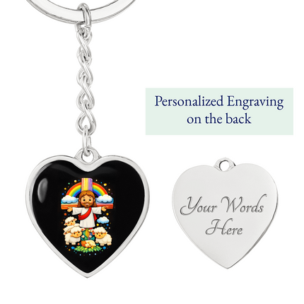 Jesus With the Sheep - Graphic Heart Keychain – Christian Gift for Kids