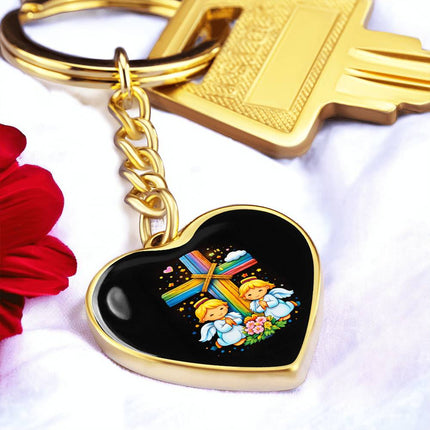 Praying Angels Rainbow Cross Heart Keychain – Christian Gift for Kids