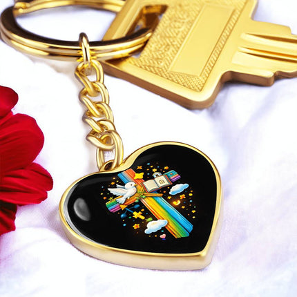Dove & Open Bible Rainbow Cross Heart Keychain – Christian Gift for Kids