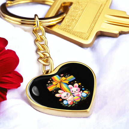 Easter Bunnies & Eggs Rainbow Cross Heart Keychain – Christian Gift for Kids