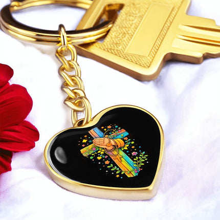 Praying Hands & Rosary Rainbow Cross Heart Keychain – Christian Gift for Kids