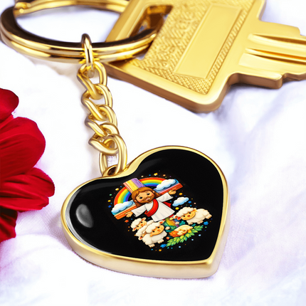 Jesus With the Sheep - Graphic Heart Keychain – Christian Gift for Kids