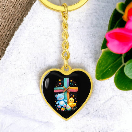 Rainbow Cross Teddy Bear & Chick Heart Keychain – Christian Gift for Kids