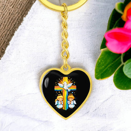 Dove & Praying Angels Rainbow Cross Heart Keychain – Christian Gift for Kids