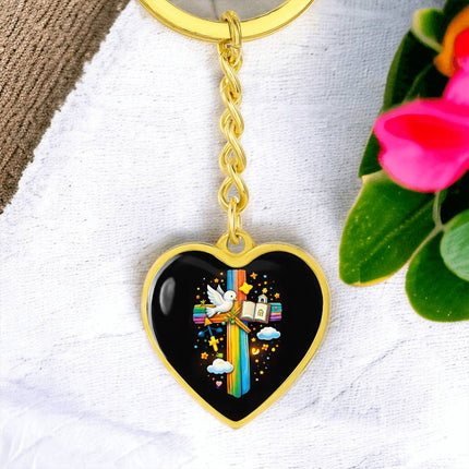 Dove & Open Bible Rainbow Cross Heart Keychain – Christian Gift for Kids