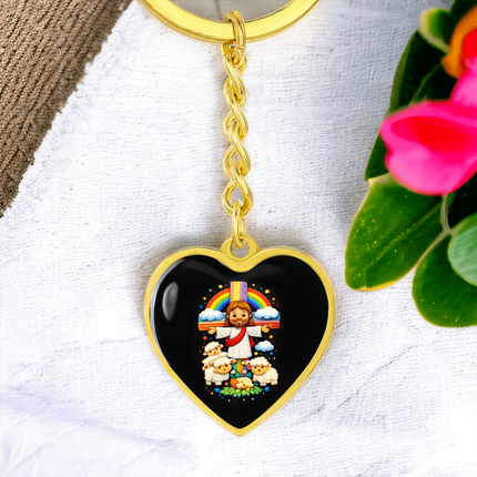 Jesus With the Sheep - Graphic Heart Keychain – Christian Gift for Kids
