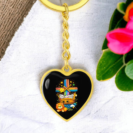 Noah's Ark Rainbow Cross Heart Keychain – Christian Gift for Kids