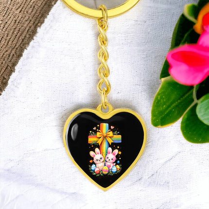Easter Bunnies & Eggs Rainbow Cross Heart Keychain – Christian Gift for Kids