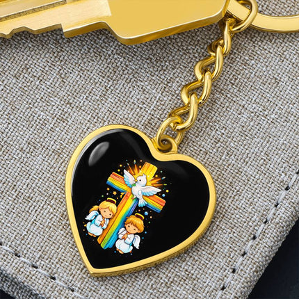 Dove & Praying Angels Rainbow Cross Heart Keychain – Christian Gift for Kids
