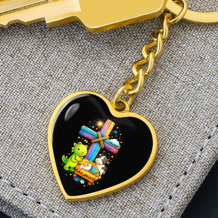 Baby Jesus Nativity & Dino Rainbow Cross Heart Keychain – Christian Gift for Kids