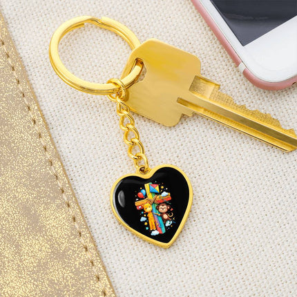 Giraffe & Monkey Rainbow Cross Heart Keychain – Christian Gift for Kids