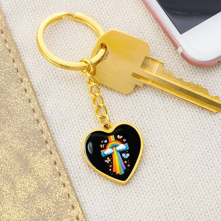 Rainbow & Clouds Cross Heart Keychain – Christian Gift for Kids