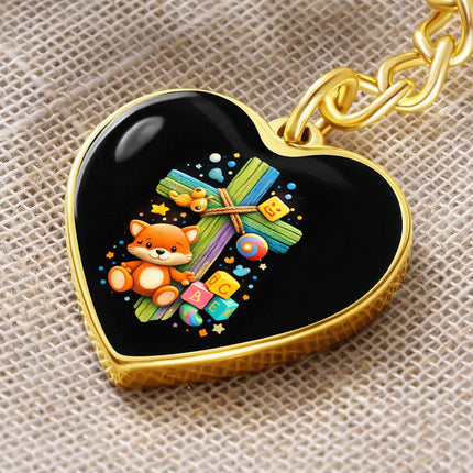 Kitten & ABC Blocks Rainbow Cross Heart Keychain – Christian Gift for Kids
