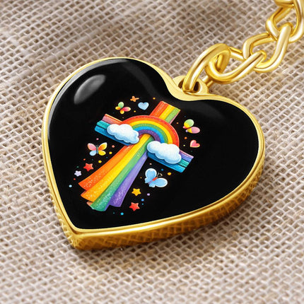 Rainbow & Clouds Cross Heart Keychain – Christian Gift for Kids