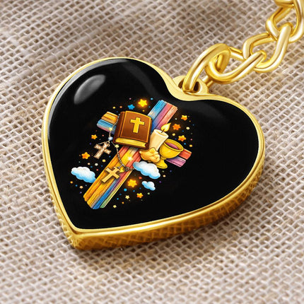 First Communion Bible & Chalice Rainbow Cross Heart Keychain – Christian Gift for Kids