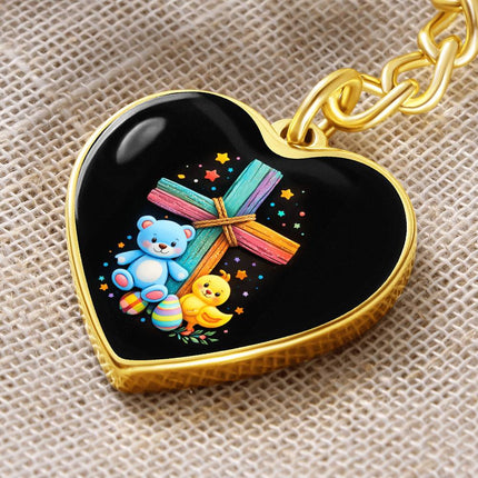 Rainbow Cross Teddy Bear & Chick Heart Keychain – Christian Gift for Kids