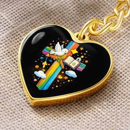 Dove & Open Bible Rainbow Cross Heart Keychain – Christian Gift for Kids