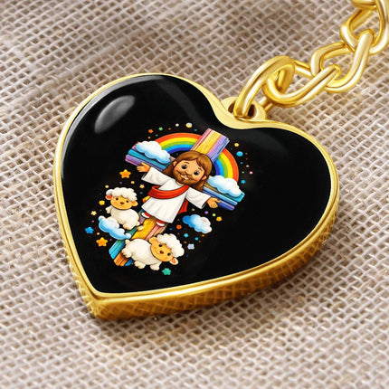 Jesus & Little Lambs Rainbow Heart Keychain – Christian Gift for Kids
