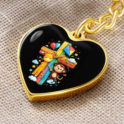 Giraffe & Monkey Rainbow Cross Heart Keychain – Christian Gift for Kids