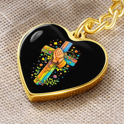Praying Hands & Rosary Rainbow Cross Heart Keychain – Christian Gift for Kids