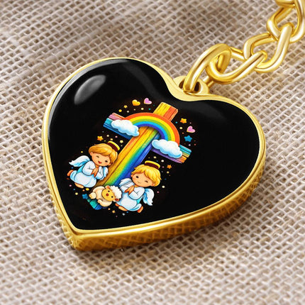 Angels & Lamb Rainbow Cross Heart Keychain – Christian Gift for Kids