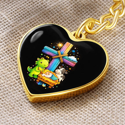 Baby Jesus Nativity & Dino Rainbow Cross Heart Keychain – Christian Gift for Kids