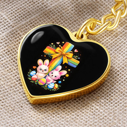 Easter Bunnies & Eggs Rainbow Cross Heart Keychain – Christian Gift for Kids