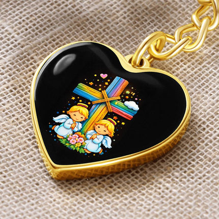 Praying Angels Rainbow Cross Heart Keychain – Christian Gift for Kids
