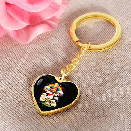 Jesus With the Sheep - Graphic Heart Keychain – Christian Gift for Kids