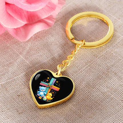 Rainbow Cross Teddy Bear & Chick Heart Keychain – Christian Gift for Kids