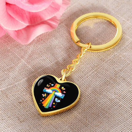 Rainbow & Clouds Cross Heart Keychain – Christian Gift for Kids