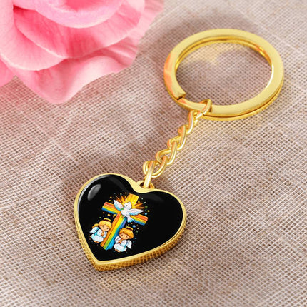 Dove & Praying Angels Rainbow Cross Heart Keychain – Christian Gift for Kids