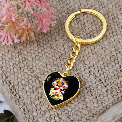 Jesus With the Sheep - Graphic Heart Keychain – Christian Gift for Kids