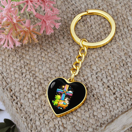 Baby Jesus Nativity & Dino Rainbow Cross Heart Keychain – Christian Gift for Kids