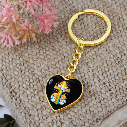 Dove & Praying Angels Rainbow Cross Heart Keychain – Christian Gift for Kids