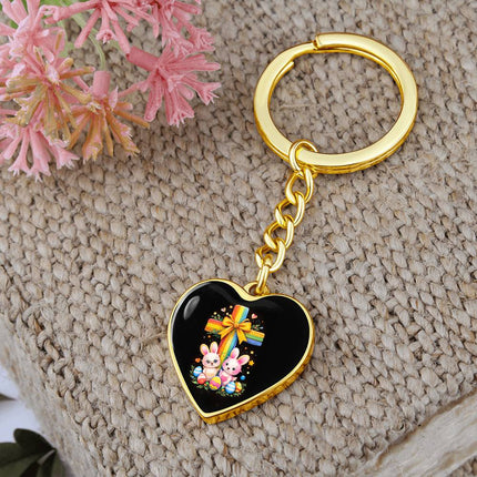 Easter Bunnies & Eggs Rainbow Cross Heart Keychain – Christian Gift for Kids