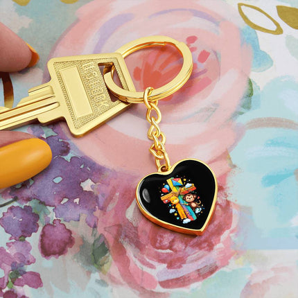 Giraffe & Monkey Rainbow Cross Heart Keychain – Christian Gift for Kids
