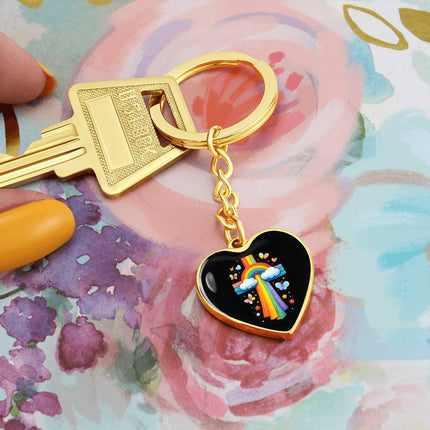 Rainbow & Clouds Cross Heart Keychain – Christian Gift for Kids