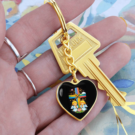 Praying Angels Rainbow Cross Heart Keychain – Christian Gift for Kids