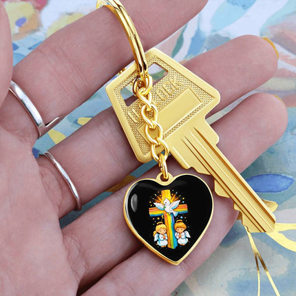 Dove & Praying Angels Rainbow Cross Heart Keychain – Christian Gift for Kids