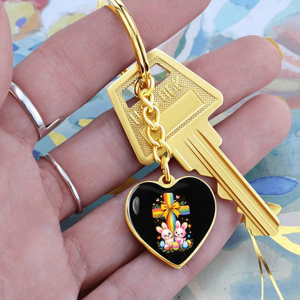 Easter Bunnies & Eggs Rainbow Cross Heart Keychain – Christian Gift for Kids