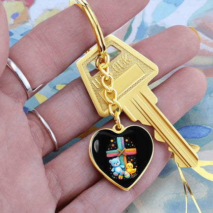 Rainbow Cross Teddy Bear & Chick Heart Keychain – Christian Gift for Kids