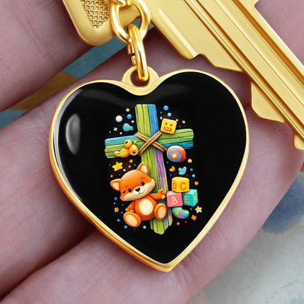 Kitten & ABC Blocks Rainbow Cross Heart Keychain – Christian Gift for Kids