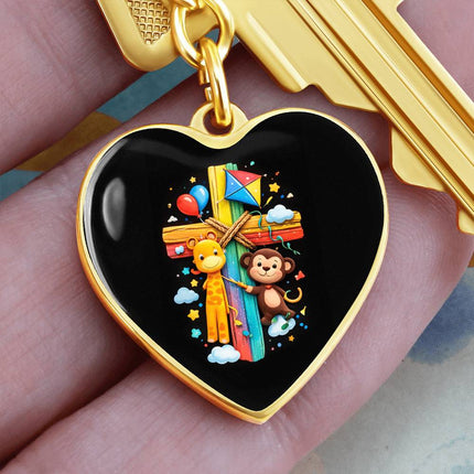 Giraffe & Monkey Rainbow Cross Heart Keychain – Christian Gift for Kids