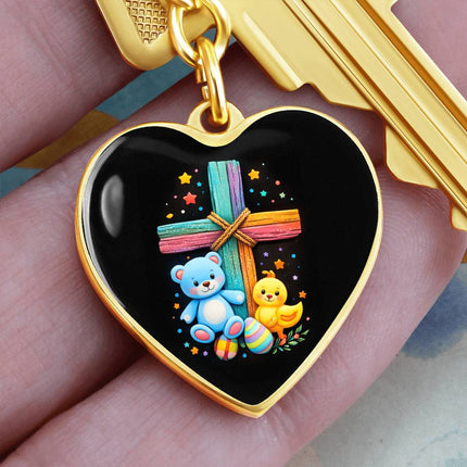 Rainbow Cross Teddy Bear & Chick Heart Keychain – Christian Gift for Kids