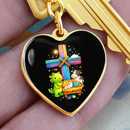 Baby Jesus Nativity & Dino Rainbow Cross Heart Keychain – Christian Gift for Kids