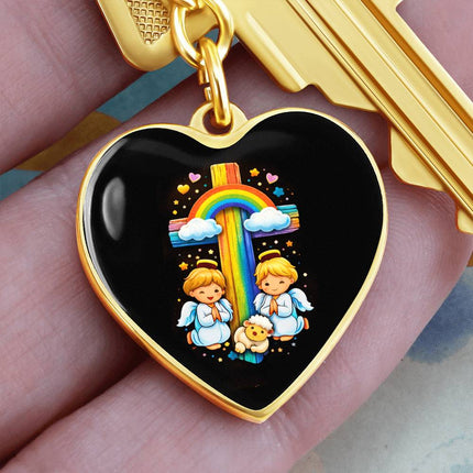 Angels & Lamb Rainbow Cross Heart Keychain – Christian Gift for Kids