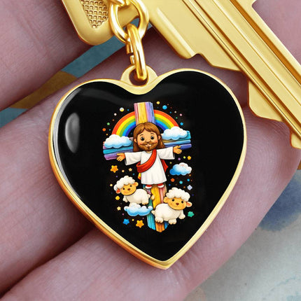 Jesus & Little Lambs Rainbow Heart Keychain – Christian Gift for Kids