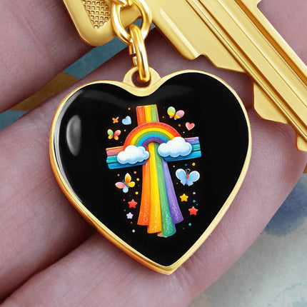 Rainbow & Clouds Cross Heart Keychain – Christian Gift for Kids