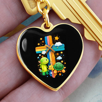 Cuddly Turtles Rainbow Cross Heart Keychain – Christian Gift for Kids